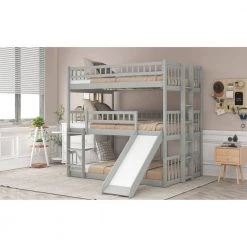 Convertible Full-Over-Full-Over-Full Triple Bed with Built-in Ladder and Slide, Triple Bunk Bed with Guardrails, Gray by JASMODER -JASMODER Sales Store gray jasmoder platform beds lt000052aae 44 1000