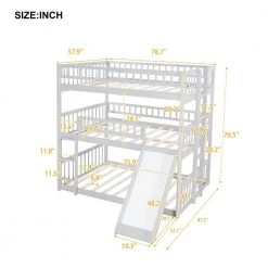 Convertible Full-Over-Full-Over-Full Triple Bed with Built-in Ladder and Slide, Triple Bunk Bed with Guardrails, Gray by JASMODER -JASMODER Sales Store gray jasmoder platform beds lt000052aae 76 1000