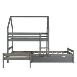 Twin over Twin over Twin Triple Bed Bunk bed with Trundle, Wooden House Bed with Twin size Trundle - Gray by JASMODER -JASMODER Sales Store gray jasmoder platform beds lt000079aae 1f 1000