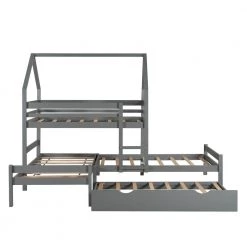 Twin over Twin over Twin Triple Bed Bunk bed with Trundle, Wooden House Bed with Twin size Trundle - Gray by JASMODER -JASMODER Sales Store gray jasmoder platform beds lt000079aae 44 1000