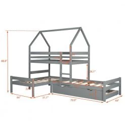 Twin over Twin over Twin Triple Bed Bunk bed with Trundle, Wooden House Bed with Twin size Trundle - Gray by JASMODER -JASMODER Sales Store gray jasmoder platform beds lt000079aae fa 1000