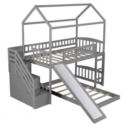 Gray Twin Bunk Bed with 2-Drawers and Slide, House Bed with Slide by JASMODER