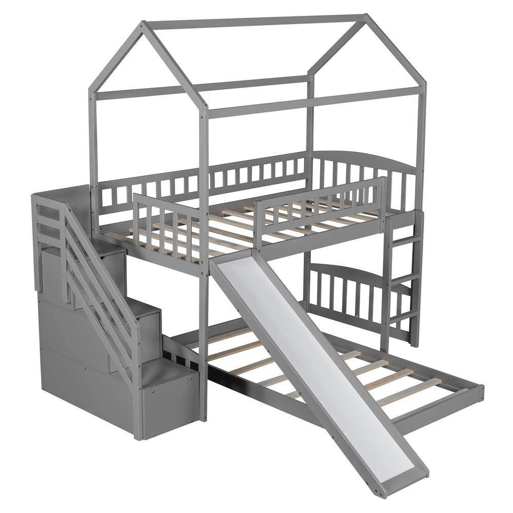 Gray Twin Bunk Bed with 2-Drawers and Slide, House Bed with Slide by JASMODER 3 Gray Twin Bunk Bed with 2-Drawers and Slide, House Bed with Slide by JASMODER
