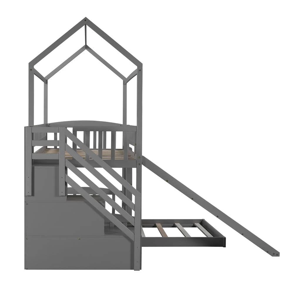 Gray Twin Bunk Bed with 2-Drawers and Slide, House Bed with Slide by JASMODER 5 Gray Twin Bunk Bed with 2-Drawers and Slide, House Bed with Slide by JASMODER - Image 3