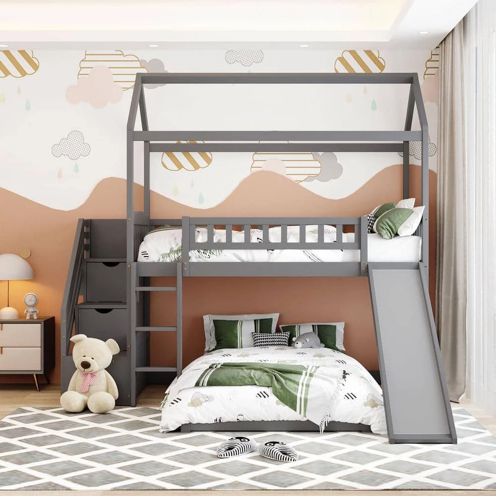 Gray Twin Bunk Bed with 2-Drawers and Slide, House Bed with Slide by JASMODER 4 Gray Twin Bunk Bed with 2-Drawers and Slide, House Bed with Slide by JASMODER - Image 2