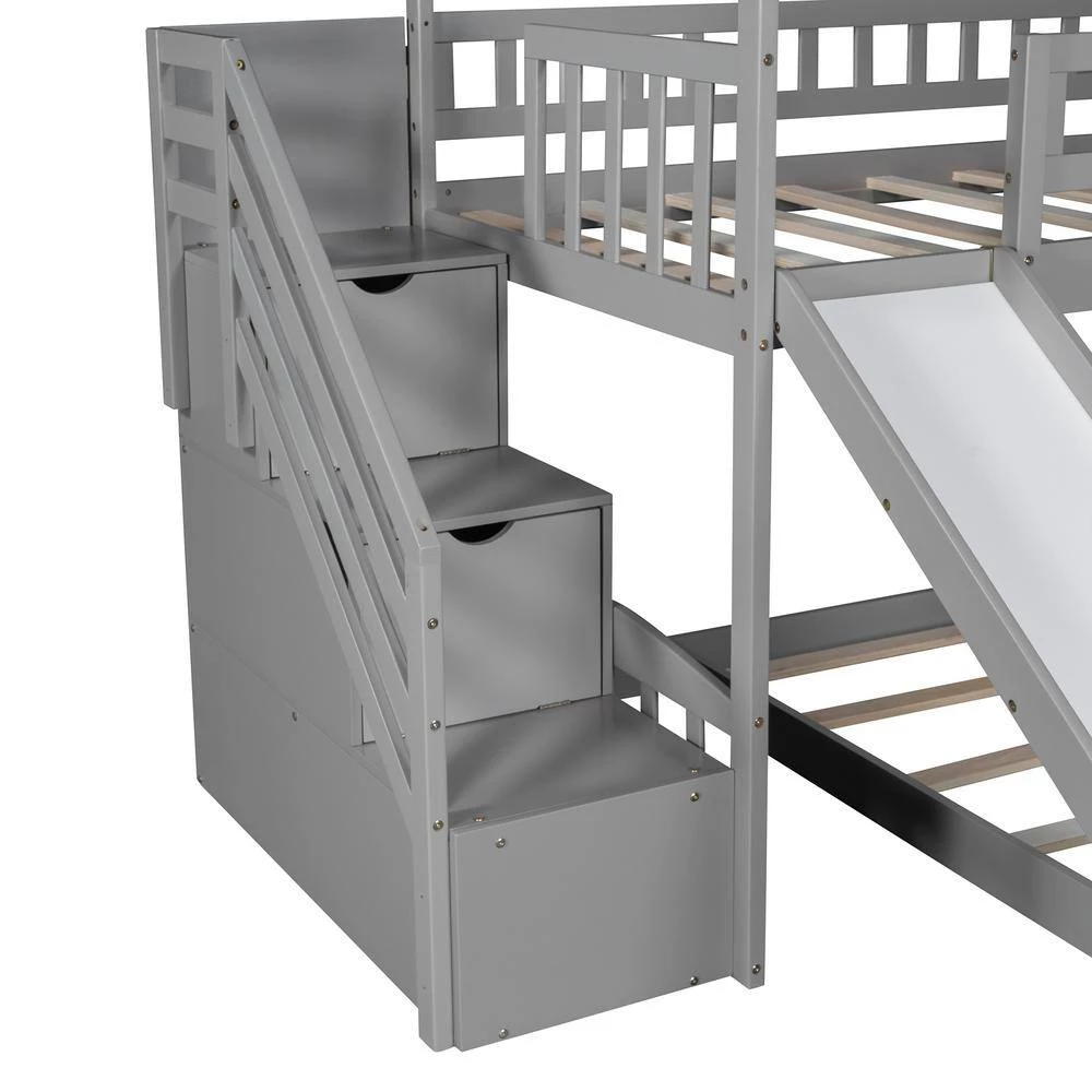Gray Twin Bunk Bed with 2-Drawers and Slide, House Bed with Slide by JASMODER 9 Gray Twin Bunk Bed with 2-Drawers and Slide, House Bed with Slide by JASMODER - Image 7