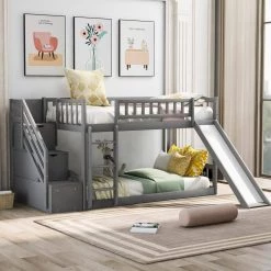Stairway Gray Twin Bunk Bed with 2-Drawers and Slide by JASMODER -JASMODER Sales Store gray jasmoder platform beds lt000155aae 1f 1000