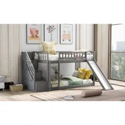 Stairway Gray Twin Bunk Bed with 2-Drawers and Slide by JASMODER -JASMODER Sales Store gray jasmoder platform beds lt000155aae 4f 1000