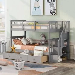 Stairway Gray win Bunk Bed with 3-Drawers for Bedroom, Dorm by JASMODER -JASMODER Sales Store gray jasmoder platform beds lt000309aae 31 1000