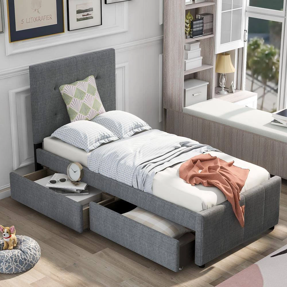 39.3 in. W Gray Twin Frame Platform Bed by JASMODER 4 39.3 in. W Gray Twin Frame Platform Bed by JASMODER - Image 2