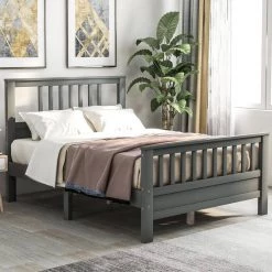 Gray Full Wood Platform Bed with Headboard and Footboard by JASMODER -JASMODER Sales Store gray jasmoder platform beds wf192974aae 1f 1000