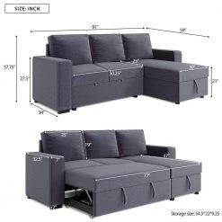 91 in. W Square Arm 3-piece Fabric Sectional Sofa in Gray with Armrests, Chaise, Removable Cushions, Storage by JASMODER -JASMODER Sales Store gray jasmoder sectional sofas gs000209aae 76 1000