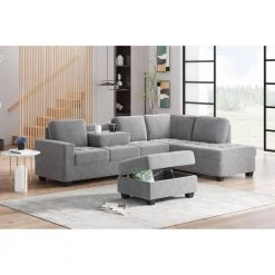 112 in. W Square Arm Polyester with Reversible Chaise with Storage Ottoman and 2 Cup Holders Straight Sofa in Gray by JASMODER -JASMODER Sales Store gray jasmoder sofas couches sg000410aaa 31 1000