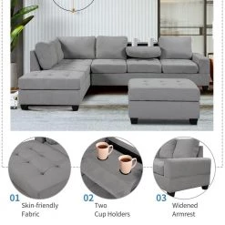 112 in. W Square Arm Polyester with Reversible Chaise with Storage Ottoman and 2 Cup Holders Straight Sofa in Gray by JASMODER -JASMODER Sales Store gray jasmoder sofas couches sg000410aaa 44 1000