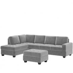 112 in. W Square Arm Polyester with Reversible Chaise with Storage Ottoman and 2 Cup Holders Straight Sofa in Gray by JASMODER