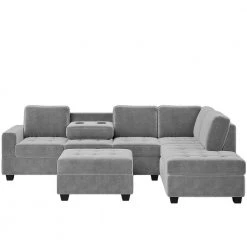 112 in. W Square Arm Polyester with Reversible Chaise with Storage Ottoman and 2 Cup Holders Straight Sofa in Gray by JASMODER -JASMODER Sales Store gray jasmoder sofas couches sg000410aaa 76 1000