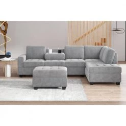 112 in. W Square Arm Polyester with Reversible Chaise with Storage Ottoman and 2 Cup Holders Straight Sofa in Gray by JASMODER -JASMODER Sales Store gray jasmoder sofas couches sg000410aaa c3 1000
