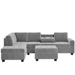 112 in. W Square Arm Polyester with Reversible Chaise with Storage Ottoman and 2 Cup Holders Straight Sofa in Gray by JASMODER -JASMODER Sales Store gray jasmoder sofas couches sg000410aaa fa 1000