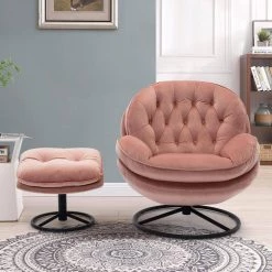 Peach Velvet Swivel and Tufted Barrel Chair with Ottoman Set by JASMODER -JASMODER Sales Store peach jasmoder accent chairs w67628188 76 1000