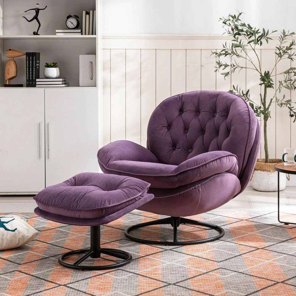 Purple Velvet Swivel and Tufted Barrel Chair with Ottoman Set by JASMODER 11 Purple Velvet Swivel and Tufted Barrel Chair with Ottoman Set by JASMODER - Image 9
