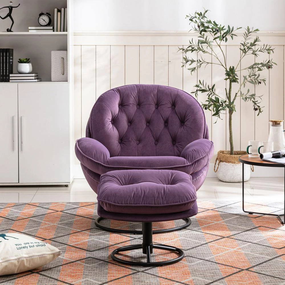 Purple Velvet Swivel and Tufted Barrel Chair with Ottoman Set by JASMODER 5 Purple Velvet Swivel and Tufted Barrel Chair with Ottoman Set by JASMODER - Image 3