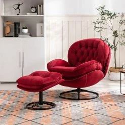 Red Velvet Swivel and Tufted Barrel Chair with Ottoman Set by JASMODER -JASMODER Sales Store red jasmoder accent chairs w67641176 31 1000