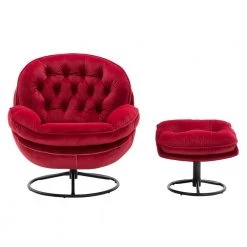 Red Velvet Swivel and Tufted Barrel Chair with Ottoman Set by JASMODER