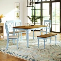 6-Piece Dining Table Set with Bench, Wooden Kitchen Table Set w/4-Padded Dining Chairs by JASMODER 19 6-Piece Dining Table Set with Bench, Wooden Kitchen Table Set w/4-Padded Dining Chairs by JASMODER -JASMODER Sales Store sky blue jasmoder dining room sets sh000129aam 31 1000