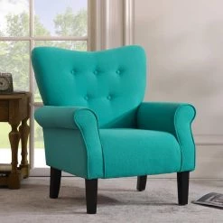 Teal Modern Wing Back Accent Chair Roll Arm Living Room Cushion with Wooden Legs by JASMODER -JASMODER Sales Store teal jasmoder accent chairs pp199771aat 1f 1000