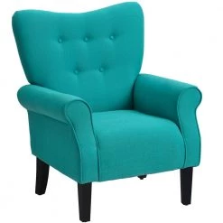 Teal Modern Wing Back Accent Chair Roll Arm Living Room Cushion with Wooden Legs by JASMODER