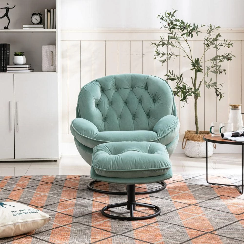 Teal Velvet Swivel and Tufted Barrel Chair with Ottoman Set by JASMODER 7 Teal Velvet Swivel and Tufted Barrel Chair with Ottoman Set by JASMODER - Image 5