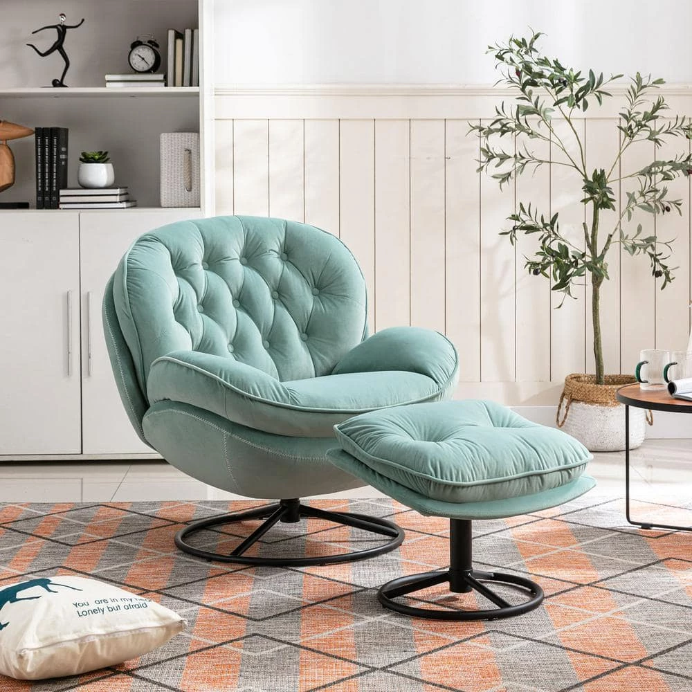 Teal Velvet Swivel and Tufted Barrel Chair with Ottoman Set by JASMODER 11 Teal Velvet Swivel and Tufted Barrel Chair with Ottoman Set by JASMODER - Image 9