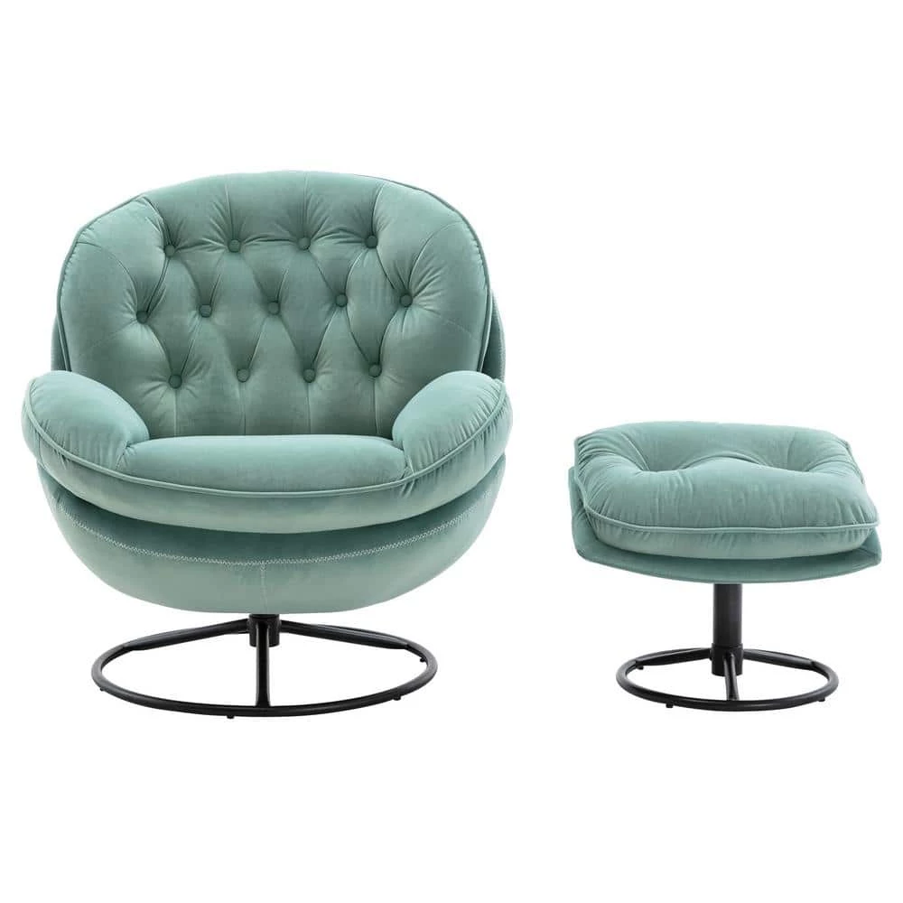 Teal Velvet Swivel and Tufted Barrel Chair with Ottoman Set by JASMODER 3 Teal Velvet Swivel and Tufted Barrel Chair with Ottoman Set by JASMODER
