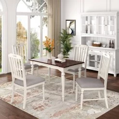 5-Piece Dining Table Set Mid-Century Farmhouse Wood with 4-Padded Dining Chairs by JASMODER -JASMODER Sales Store white jasmoder dining room sets sh000191aak 31 1000