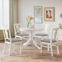5-Piece Round White Wood Top Dining Room Set, for Home or Commercial Use (Seats 4) by JASMODER -JASMODER Sales Store white jasmoder dining room sets sh000221aak 31 1000