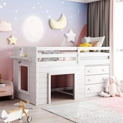 White Twin Size Loft Bed with Cabinet and Shelf by JASMODER -JASMODER Sales Store white jasmoder platform beds lp000501aak 1f 1000