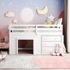 White Twin Size Loft Bed with Cabinet and Shelf by JASMODER -JASMODER Sales Store white jasmoder platform beds lp000501aak c3 1000