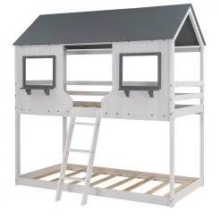 Twin Over Twin Bunk Bed Wood Bed with Roof, Window, Guardrail, Ladder (White) by JASMODER 14 Twin Over Twin Bunk Bed Wood Bed with Roof, Window, Guardrail, Ladder (White) by JASMODER -JASMODER Sales Store white jasmoder platform beds lt000045aak 1f 1000