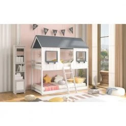Twin Over Twin Bunk Bed Wood Bed with Roof, Window, Guardrail, Ladder (White) by JASMODER 13 Twin Over Twin Bunk Bed Wood Bed with Roof, Window, Guardrail, Ladder (White) by JASMODER -JASMODER Sales Store white jasmoder platform beds lt000045aak 4f 1000