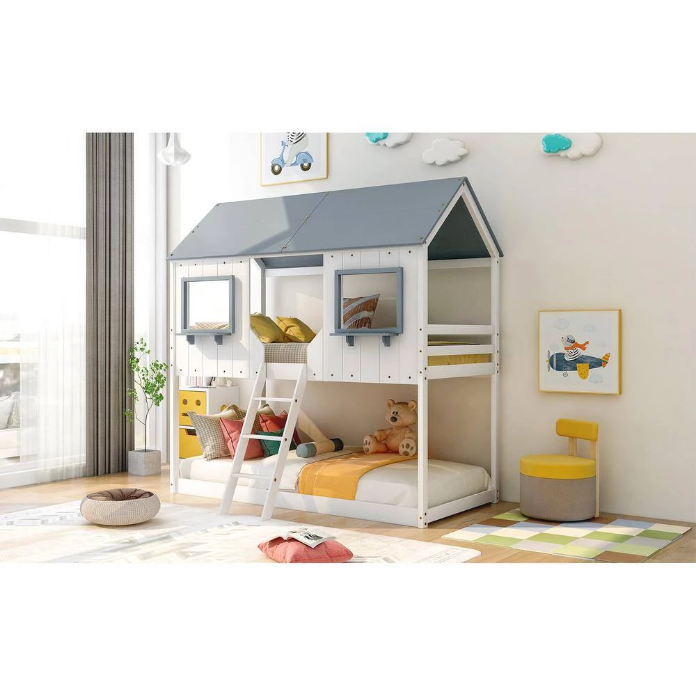 Twin Over Twin Bunk Bed Wood Bed with Roof, Window, Guardrail, Ladder (White) by JASMODER 5 Twin Over Twin Bunk Bed Wood Bed with Roof, Window, Guardrail, Ladder (White) by JASMODER - Image 3