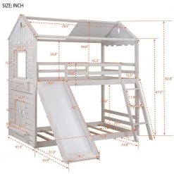 Twin Over Twin Bunk Bed Wood Bed with Roof, Window, Slide, Ladder for Kids, Teens, Girls, Boys ( Antique White ) by JASMODER -JASMODER Sales Store white jasmoder platform beds lt000059aak 1f 1000
