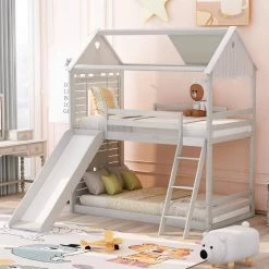 Twin Over Twin Bunk Bed Wood Bed with Roof, Window, Slide, Ladder for Kids, Teens, Girls, Boys ( Antique White ) by JASMODER -JASMODER Sales Store white jasmoder platform beds lt000059aak 31 1000