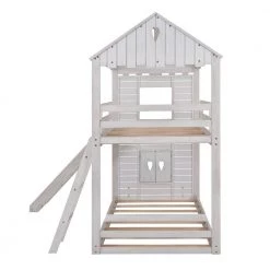 Twin Over Twin Bunk Bed Wood Bed with Roof, Window, Slide, Ladder for Kids, Teens, Girls, Boys ( Antique White ) by JASMODER -JASMODER Sales Store white jasmoder platform beds lt000059aak 44 1000