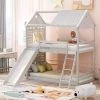 Twin Over Twin Bunk Bed Wood Bed with Roof, Window, Slide, Ladder for Kids, Teens, Girls, Boys ( Antique White ) by JASMODER -JASMODER Sales Store white jasmoder platform beds lt000059aak 64 1000