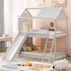 Twin Over Twin Bunk Bed Wood Bed with Roof, Window, Slide, Ladder for Kids, Teens, Girls, Boys ( Antique White ) by JASMODER