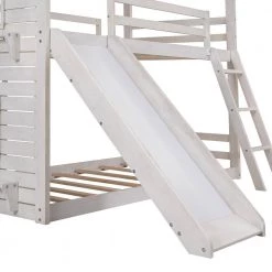 Twin Over Twin Bunk Bed Wood Bed with Roof, Window, Slide, Ladder for Kids, Teens, Girls, Boys ( Antique White ) by JASMODER -JASMODER Sales Store white jasmoder platform beds lt000059aak c3 1000