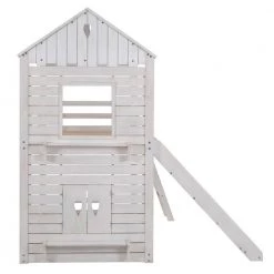 Twin Over Twin Bunk Bed Wood Bed with Roof, Window, Slide, Ladder for Kids, Teens, Girls, Boys ( Antique White ) by JASMODER -JASMODER Sales Store white jasmoder platform beds lt000059aak fa 1000
