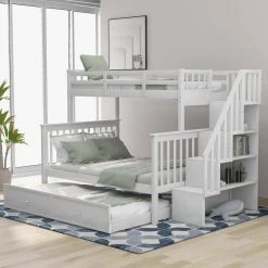 Stairway White Twin-Over-Full Bunk Bed with Twin size Trundle, Storage and Guard Rail for Bedroom, Dorm, for Adults by JASMODER -JASMODER Sales Store white jasmoder platform beds lt000119aak 1f 1000