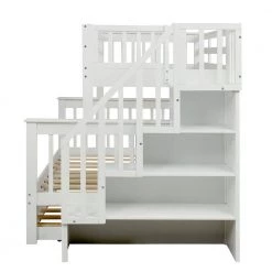Stairway White Twin-Over-Full Bunk Bed with Twin size Trundle, Storage and Guard Rail for Bedroom, Dorm, for Adults by JASMODER -JASMODER Sales Store white jasmoder platform beds lt000119aak 31 1000