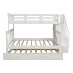 Stairway White Twin-Over-Full Bunk Bed with Twin size Trundle, Storage and Guard Rail for Bedroom, Dorm, for Adults by JASMODER